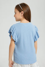 Load image into Gallery viewer, Redtag-Sky-Blue-Rib-Fabric-Frill-Sleeve-T-Shirt-Colour:Sky-Blue,-Filter:Girls-(2-to-8-Yrs),-Girls-T-Shirts,-New-In,-New-In-GIR,-Non-Sale,-S22B,-Section:Kidswear,-TBL-Girls-2 to 8 Years
