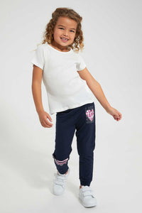 Redtag-Navy-Slogan-Track-Joggers-Girls-2 to 8 Years