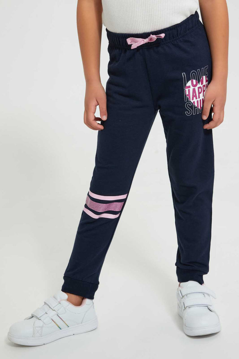 Redtag-Navy-Slogan-Track-Joggers-Girls-2 to 8 Years