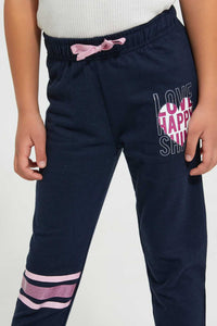 Redtag-Navy-Slogan-Track-Joggers-Girls-2 to 8 Years