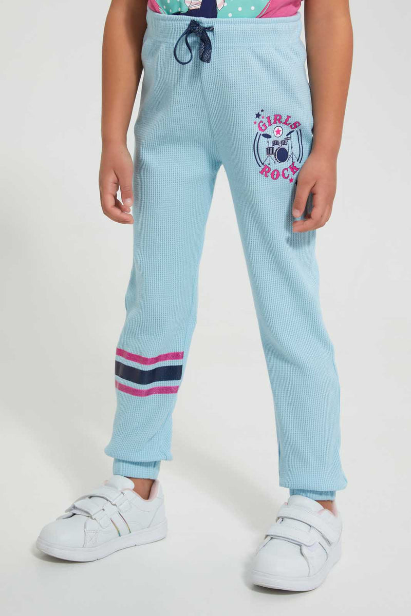 Redtag-Blue-Slogan-Rib-Fabric-Track-Joggers-Girls-2 to 8 Years