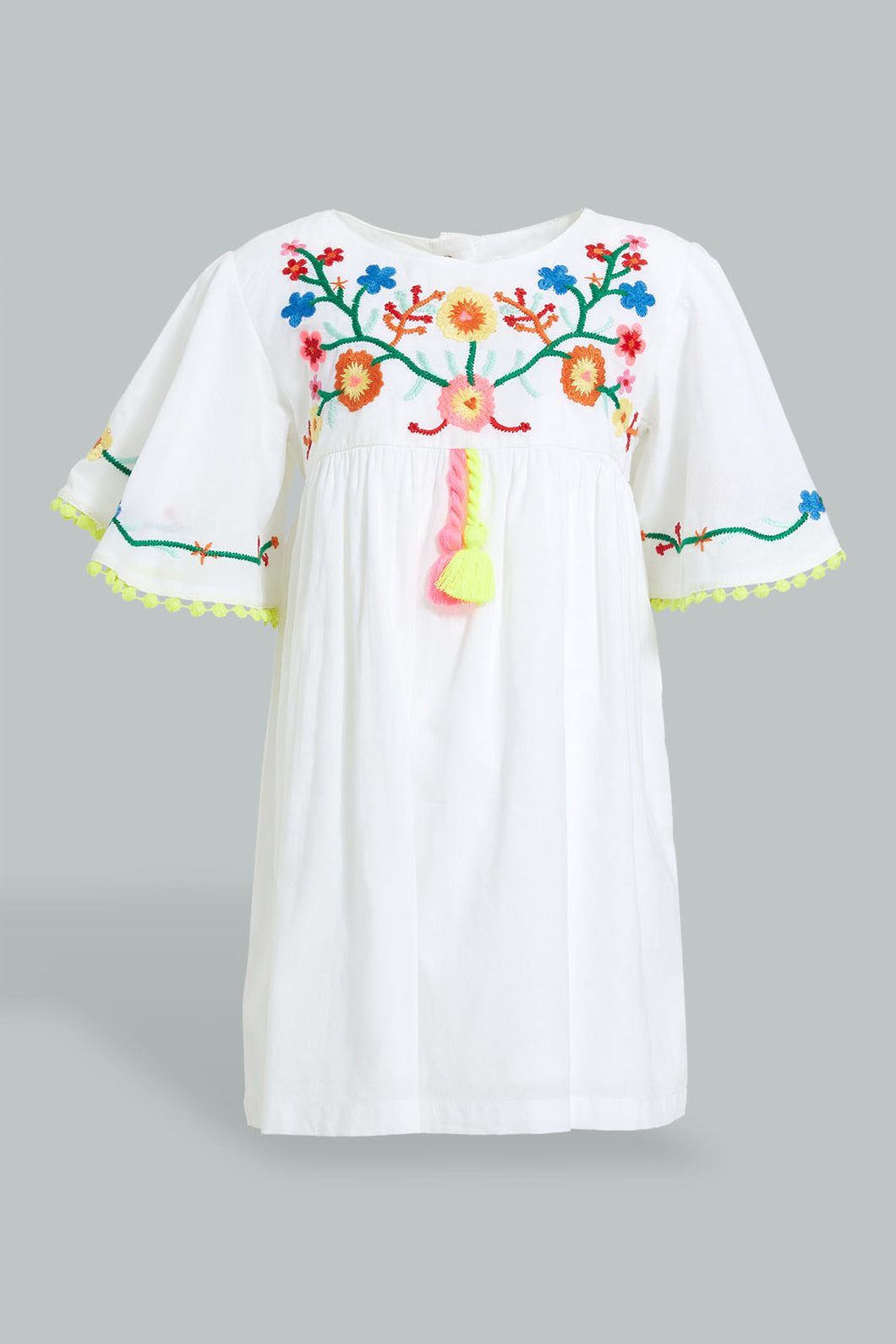 Redtag-White-Embroideredroidered-Yoke-With-Flutter-Sleeves-Dresses-Infant-Girls-3 to 24 Months