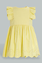 Load image into Gallery viewer, Redtag-Yellow-Schiffli-Tank-Straps-With-Ruffle-Sleeve-And-Scallop-Hem-Dresses-Infant-Girls-3 to 24 Months
