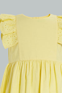 Redtag-Yellow-Schiffli-Tank-Straps-With-Ruffle-Sleeve-And-Scallop-Hem-Dresses-Infant-Girls-3 to 24 Months