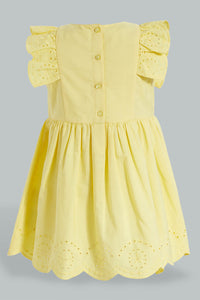 Redtag-Yellow-Schiffli-Tank-Straps-With-Ruffle-Sleeve-And-Scallop-Hem-Dresses-Infant-Girls-3 to 24 Months