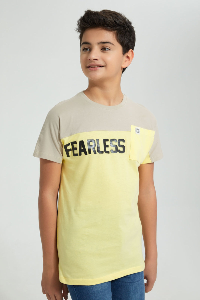 Redtag-Yellow-Fearless-T-Shirt-All-Over-Prints-Senior-Boys-9 to 14 Years