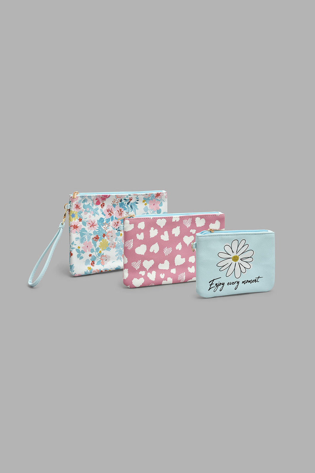 Pink And Blue Floral Print Cosmetic Pouch (3 Piece)