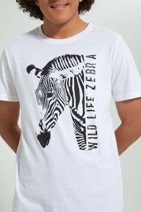 Redtag-White-Zebra-Print-T-Shirt-All-Over-Prints-Senior-Boys-9 to 14 Years