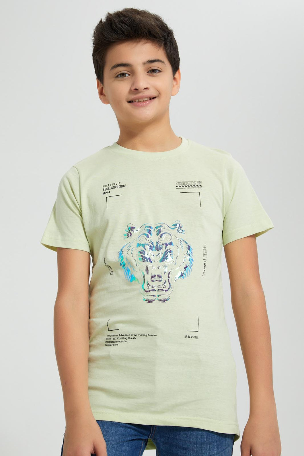 Redtag-Lion-Face-Foil-Print-T-Shirt-All-Over-Prints-Senior-Boys-9 to 14 Years