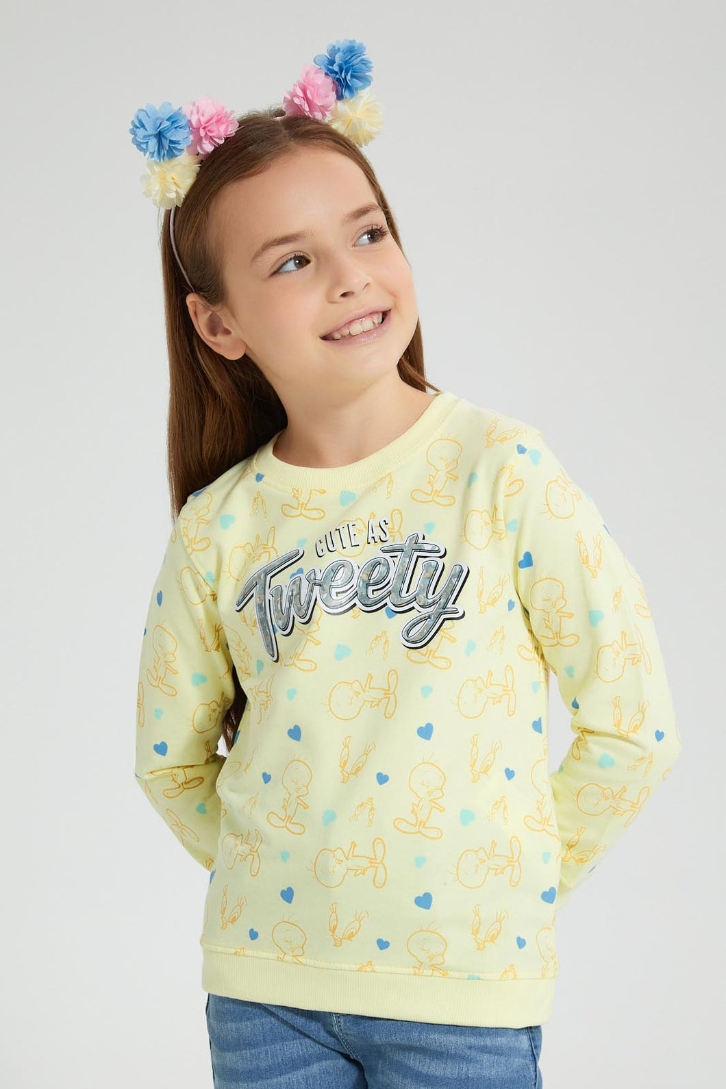 Redtag-Yellow-Printed-Tweety-SweaT-Shirt-Sweatshirts-Girls-2 to 8 Years