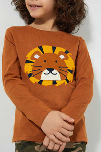 Redtag-Brown-Lion-Applique-Long-Sleeve-T-Shirt-Embellished-Boys-2 to 8 Years