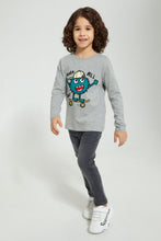 Load image into Gallery viewer, Redtag-Grey-Monster-Applique-Long-Sleeve-T-Shirt-Embellished-Boys-2 to 8 Years
