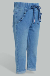Redtag-Light-Wash-Pull-On-Denim-With-Drawcord-Details-Jeans-Slim-Fit-Infant-Girls-3 to 24 Months