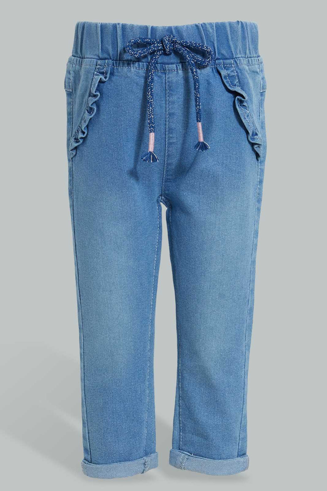Redtag-Light-Wash-Pull-On-Denim-With-Drawcord-Details-Jeans-Slim-Fit-Infant-Girls-3 to 24 Months