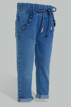 Load image into Gallery viewer, Redtag-Indigo-Pull-On-Denim-With-Drawcord-Details-Jeans-Slim-Fit-Infant-Girls-3 to 24 Months
