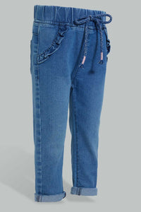 Redtag-Indigo-Pull-On-Denim-With-Drawcord-Details-Jeans-Slim-Fit-Infant-Girls-3 to 24 Months