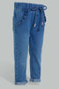 Redtag-Indigo-Pull-On-Denim-With-Drawcord-Details-Jeans-Slim-Fit-Infant-Girls-3 to 24 Months