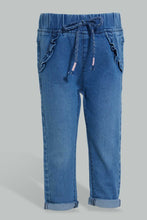 Load image into Gallery viewer, Redtag-Indigo-Pull-On-Denim-With-Drawcord-Details-Jeans-Slim-Fit-Infant-Girls-3 to 24 Months
