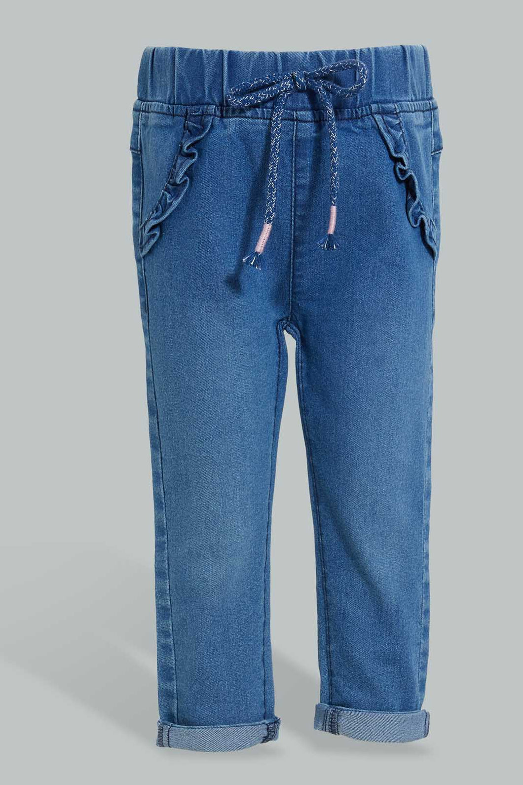 Redtag-Indigo-Pull-On-Denim-With-Drawcord-Details-Jeans-Slim-Fit-Infant-Girls-3 to 24 Months