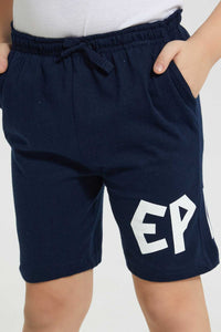 Redtag-Navy-Printed-Elasticated-Waist-Short-Active-Shorts-Boys-2 to 8 Years