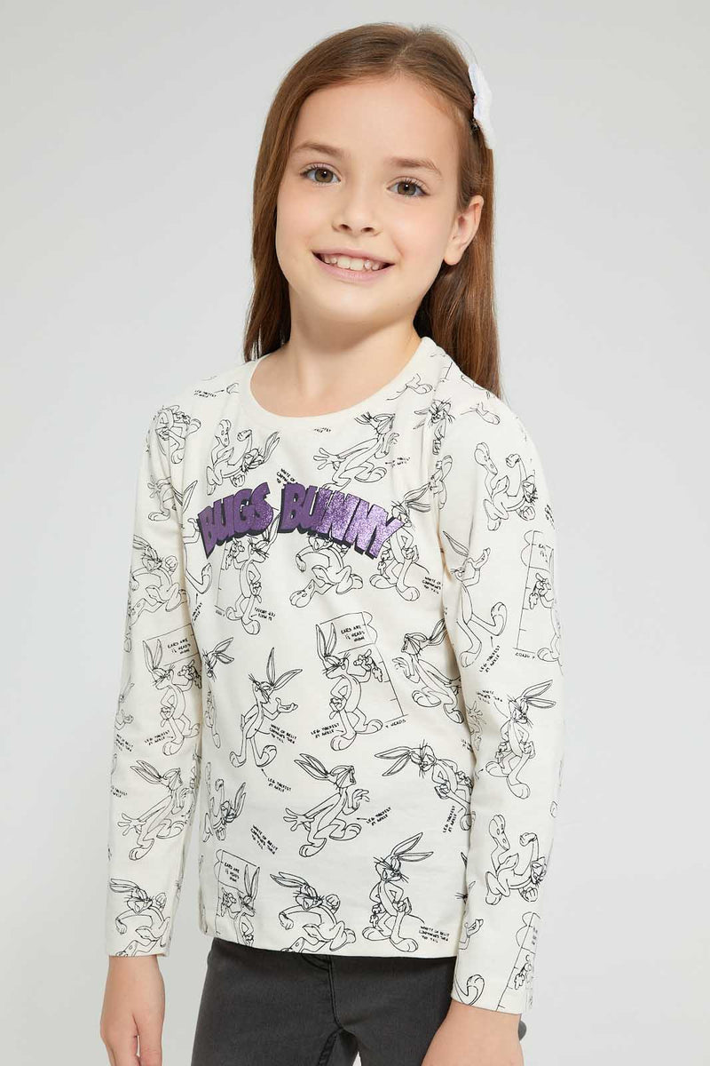 Redtag-Cream-Bugs-Bunny-Printed-T-Shirt-Character-Girls-2 to 8 Years