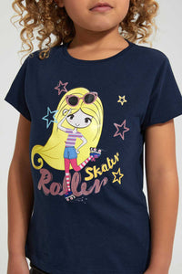 Redtag-Navy-Girl-Print-Tee-Blouses-Girls-2 to 8 Years