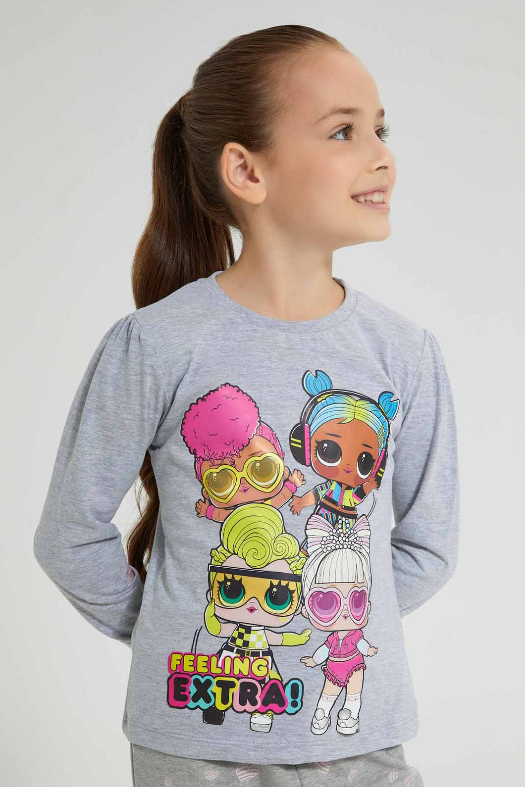 Redtag-Grey-Lol-Dolls-Print-T-Shirt-Character-Girls-2 to 8 Years