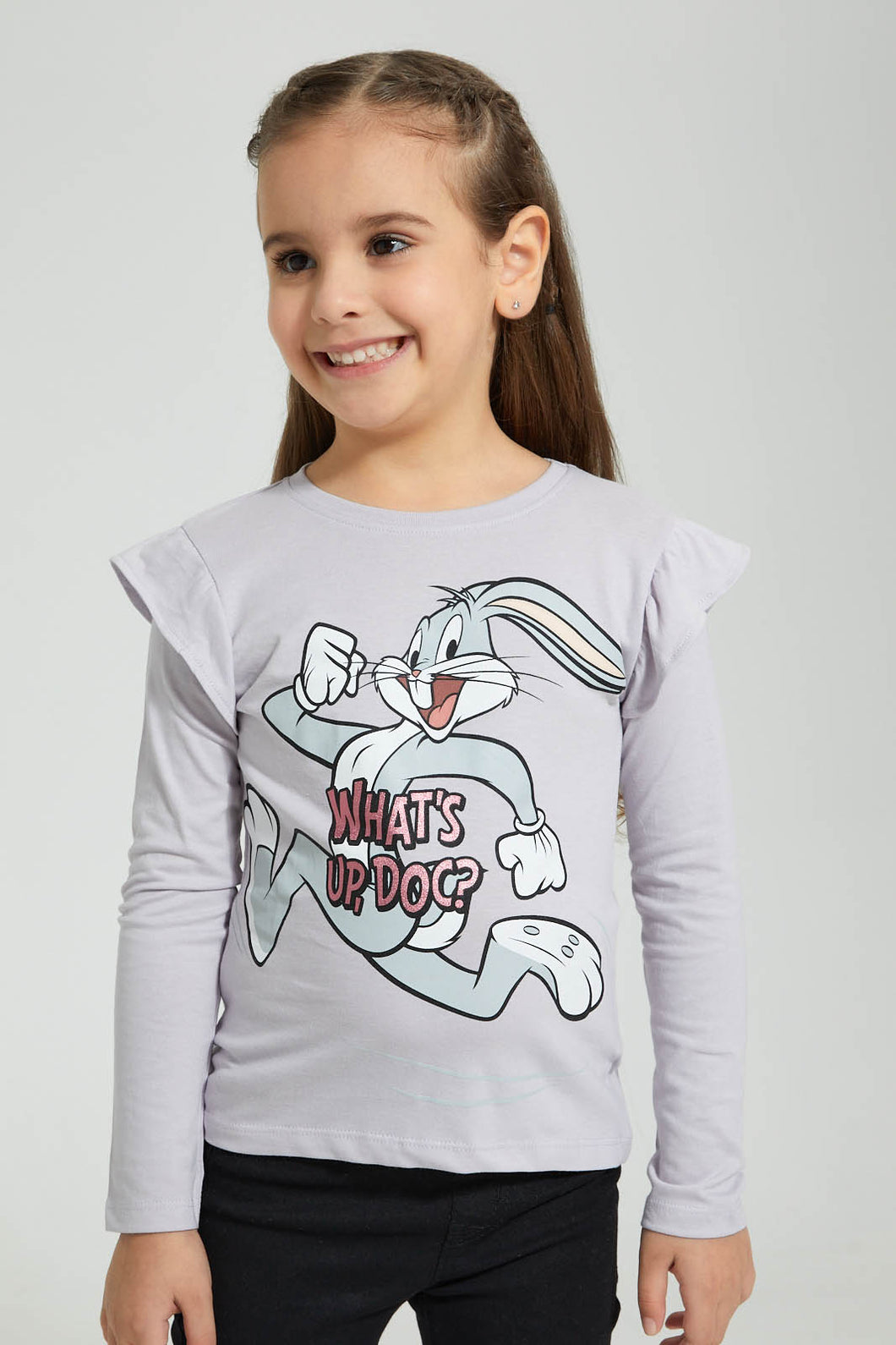 Redtag-Lilac-Bugs-Bunny-Frill-Slv-T-Shirt-Long-Sleeves-Girls-2 to 8 Years