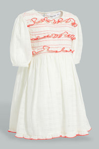 Redtag-Ivory-Front-Smoking-Frills-And-Scallops-Dress-Dresses-Infant-Girls-3 to 24 Months