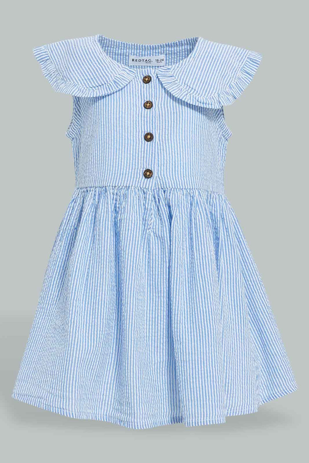 Redtag-Blue-Bib-Collar-Seersucker-Stripes-Dress-Colour:Blue,-Filter:Infant-Girls-(3-to-24-Mths),-Infant-Girls-Dresses,-New-In,-New-In-ING,-Non-Sale,-S22B,-Section:Kidswear-Infant-Girls-3 to 24 Months