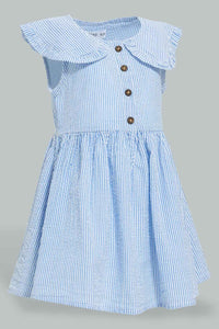 Redtag-Blue-Bib-Collar-Seersucker-Stripes-Dress-Colour:Blue,-Filter:Infant-Girls-(3-to-24-Mths),-Infant-Girls-Dresses,-New-In,-New-In-ING,-Non-Sale,-S22B,-Section:Kidswear-Infant-Girls-3 to 24 Months