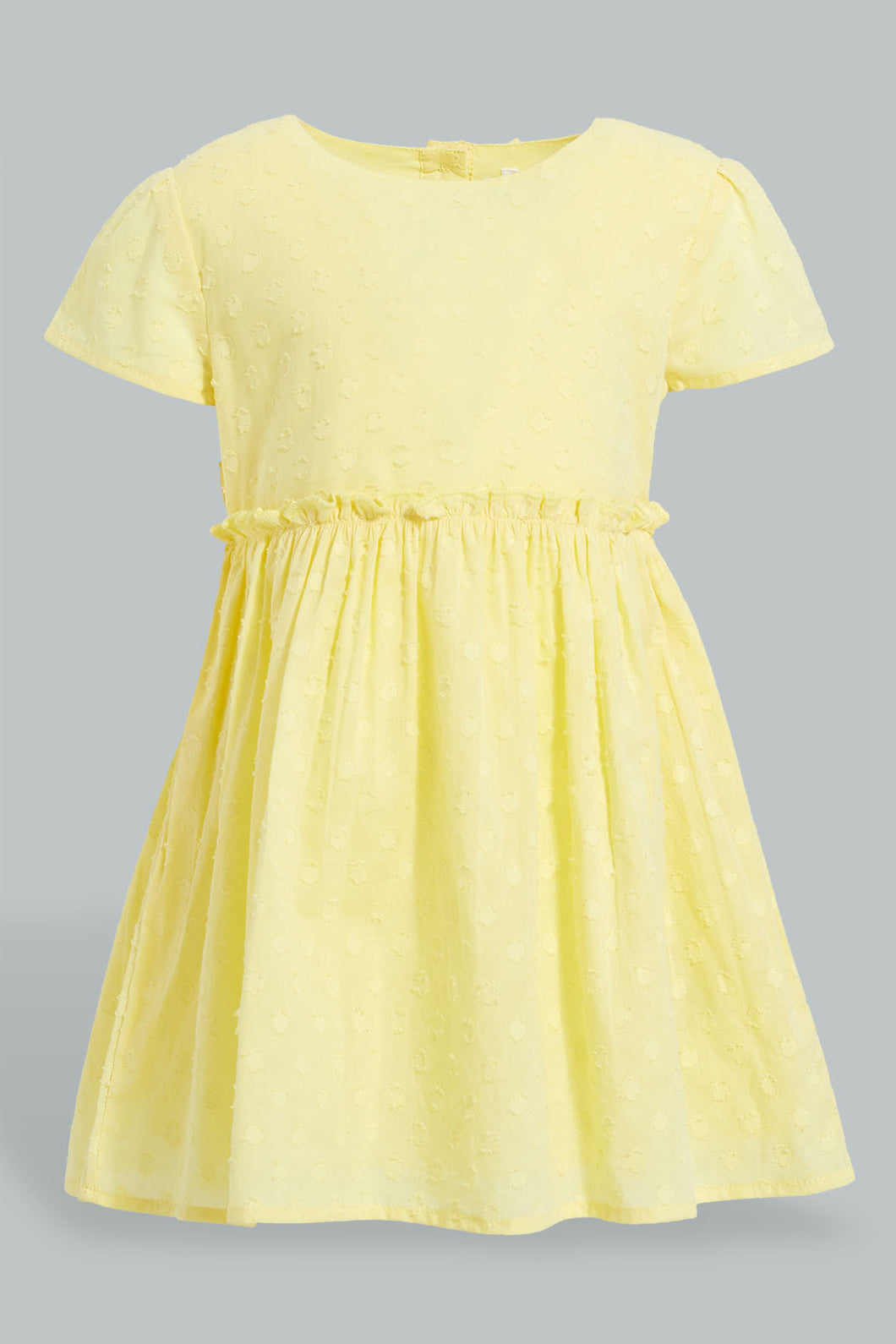 Redtag-Yellow-Dobby-Front-Gather-Dress-Dresses-Infant-Girls-3 to 24 Months