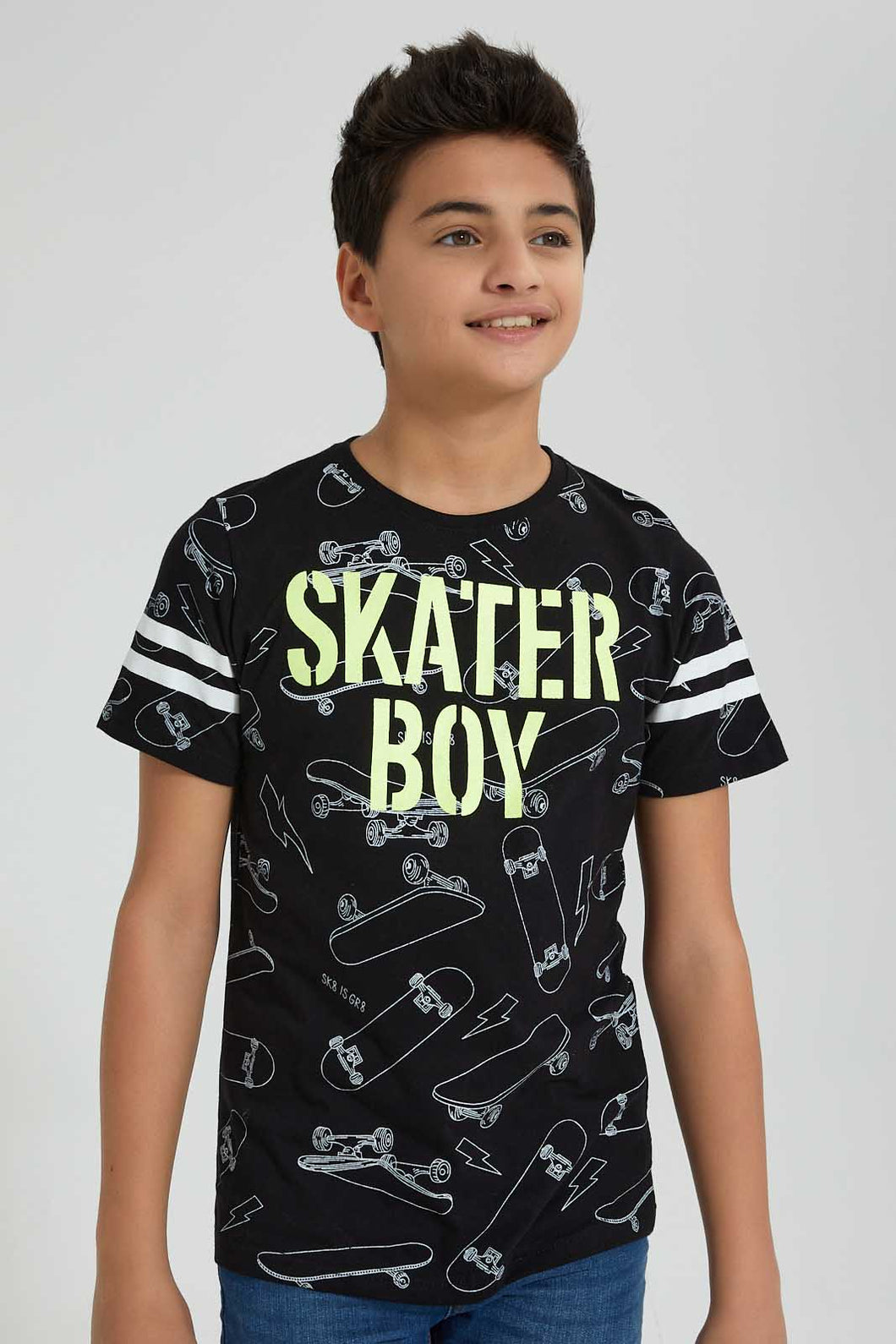 Redtag-Black-Allover-Print-T-Shirt-All-Over-Prints-Senior-Boys-9 to 14 Years