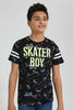Redtag-Black-Allover-Print-T-Shirt-All-Over-Prints-Senior-Boys-9 to 14 Years