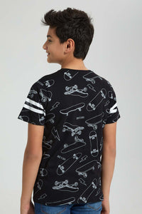 Redtag-Black-Allover-Print-T-Shirt-All-Over-Prints-Senior-Boys-9 to 14 Years
