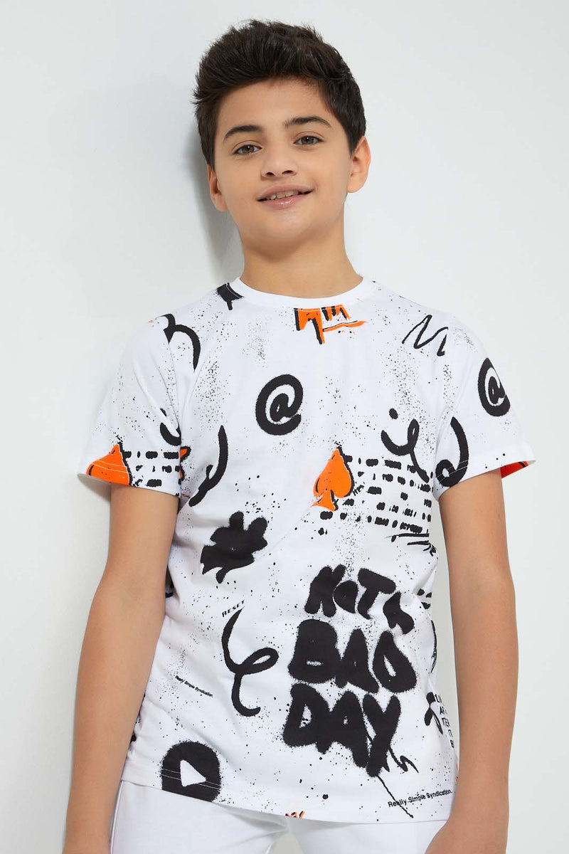 Redtag-White-Allover-Print-T-Shirt-All-Over-Prints-Senior-Boys-9 to 14 Years