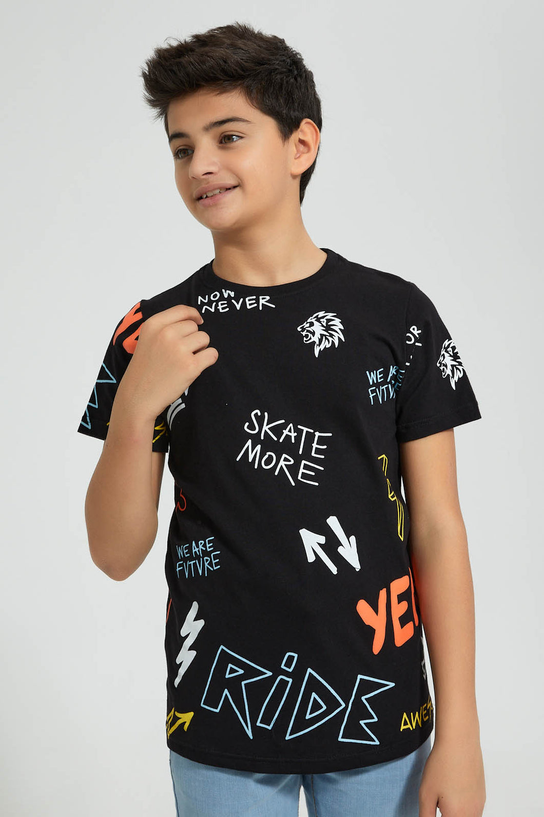 Redtag-Black-Allover-Print-T-Shirt-All-Over-Prints-Senior-Boys-9 to 14 Years