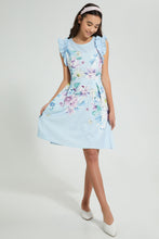 تنزيل الصورة على معرض الصور، Redtag-Lt-Blue-Floral-Ruffled-Sleeve-Dress-Dresses-Senior-Girls-9 to 14 Years
