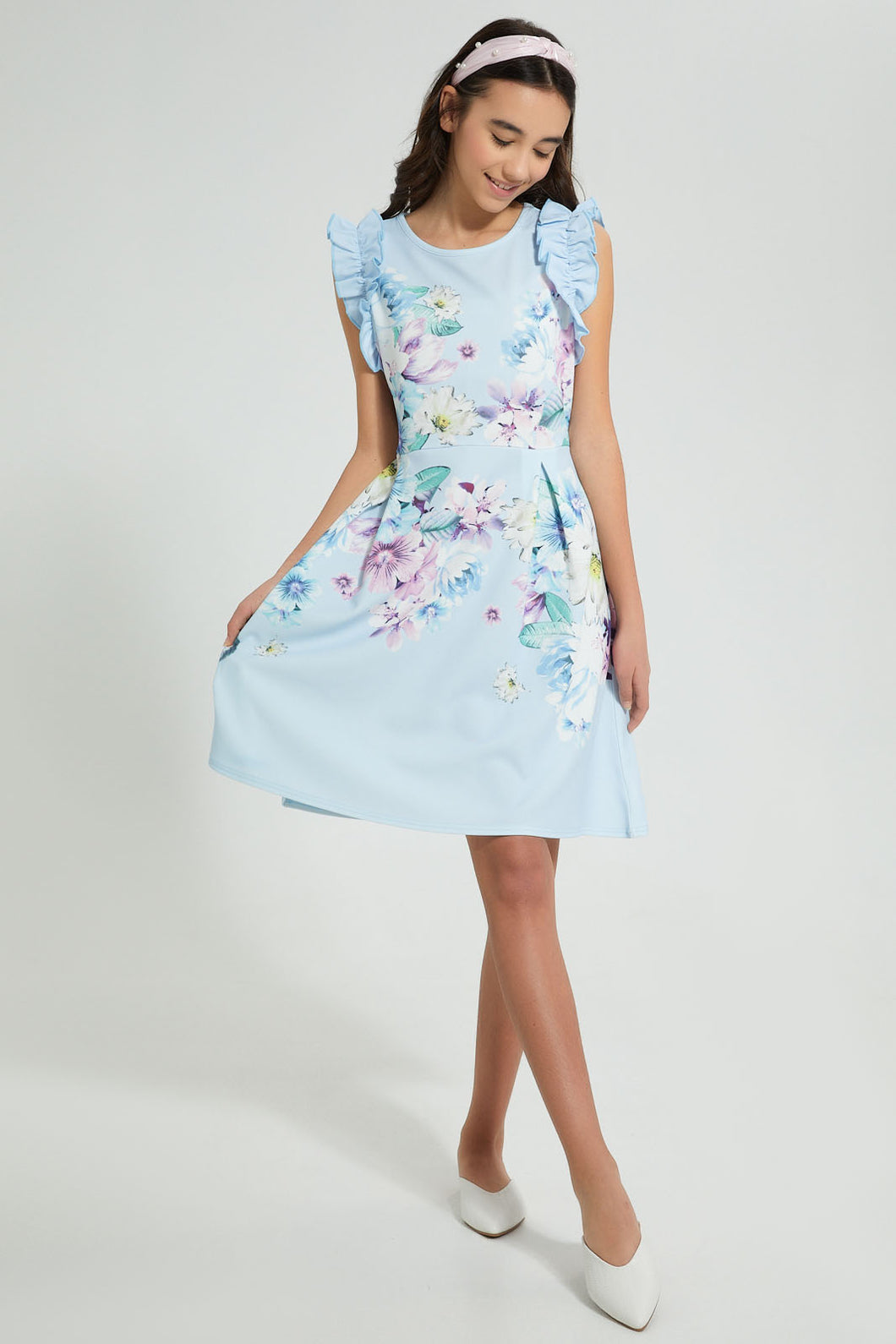 Redtag-Lt-Blue-Floral-Ruffled-Sleeve-Dress-Dresses-Senior-Girls-9 to 14 Years
