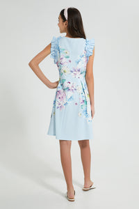Redtag-Lt-Blue-Floral-Ruffled-Sleeve-Dress-Dresses-Senior-Girls-9 to 14 Years