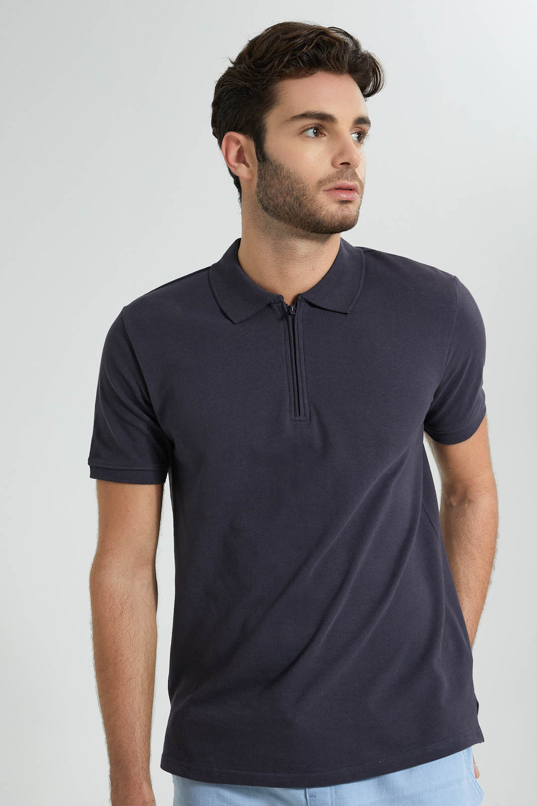 Redtag-Slate-Grey-Zip-Placket-Polo-Shirt-Colour:Dark-Grey,-Filter:Men's-Clothing,-Men-T-Shirts,-New-In,-New-In-Men,-Non-Sale,-S22B,-Section:Men,-TBL-Men's-