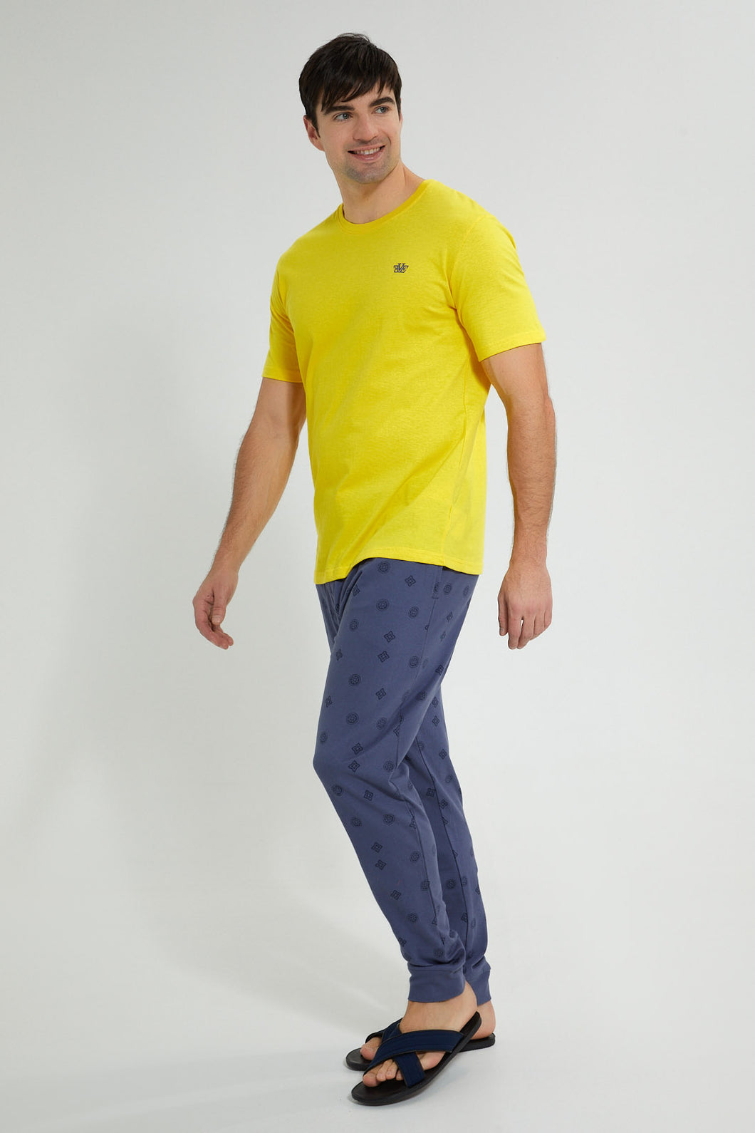 Redtag-Yellow-T-Shirt-With-Indigo-Printed-Pyjama-Set-Pyjama-Sets-Men's-