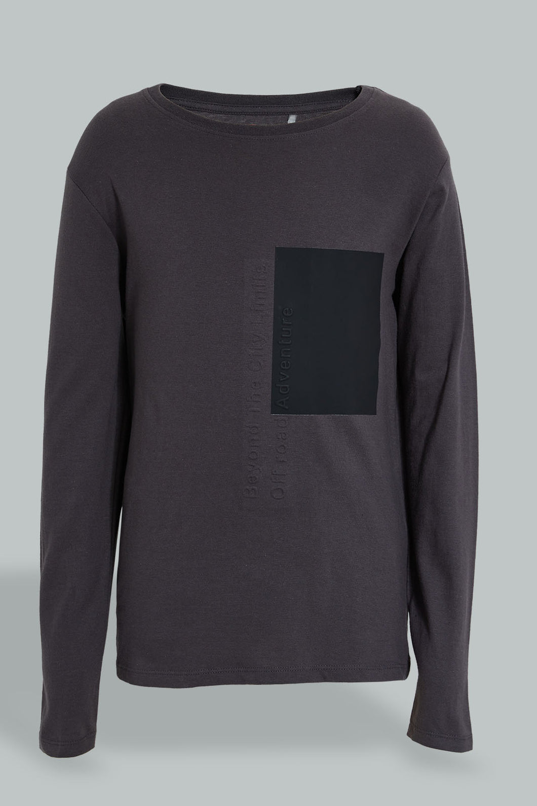 Redtag-Charcoal-Patch-With-Emboss-Print-T-Shirt-Cut-And-Sewn-Senior-Boys-9 to 14 Years