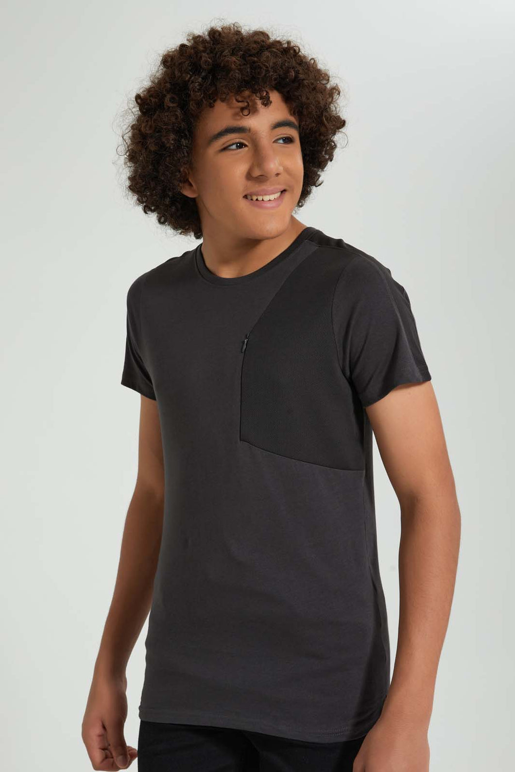 Redtag-Charcoal-Zip-T-Shirt-All-Over-Prints-Senior-Boys-9 to 14 Years