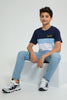 Redtag-Navy-Color-Block-T-Shirt-All-Over-Prints-Senior-Boys-9 to 14 Years