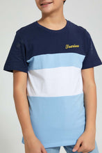 Load image into Gallery viewer, Redtag-Navy-Color-Block-T-Shirt-All-Over-Prints-Senior-Boys-9 to 14 Years
