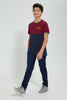 Redtag-Burgundy-Color-Block-T-Shirt-All-Over-Prints-Senior-Boys-9 to 14 Years