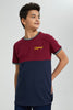 Redtag-Burgundy-Color-Block-T-Shirt-All-Over-Prints-Senior-Boys-9 to 14 Years