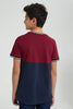 Redtag-Burgundy-Color-Block-T-Shirt-All-Over-Prints-Senior-Boys-9 to 14 Years
