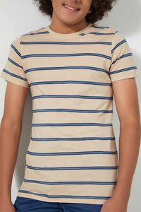 Redtag-Beige-Stripe-T-Shirt-Striped-Senior-Boys-9 to 14 Years